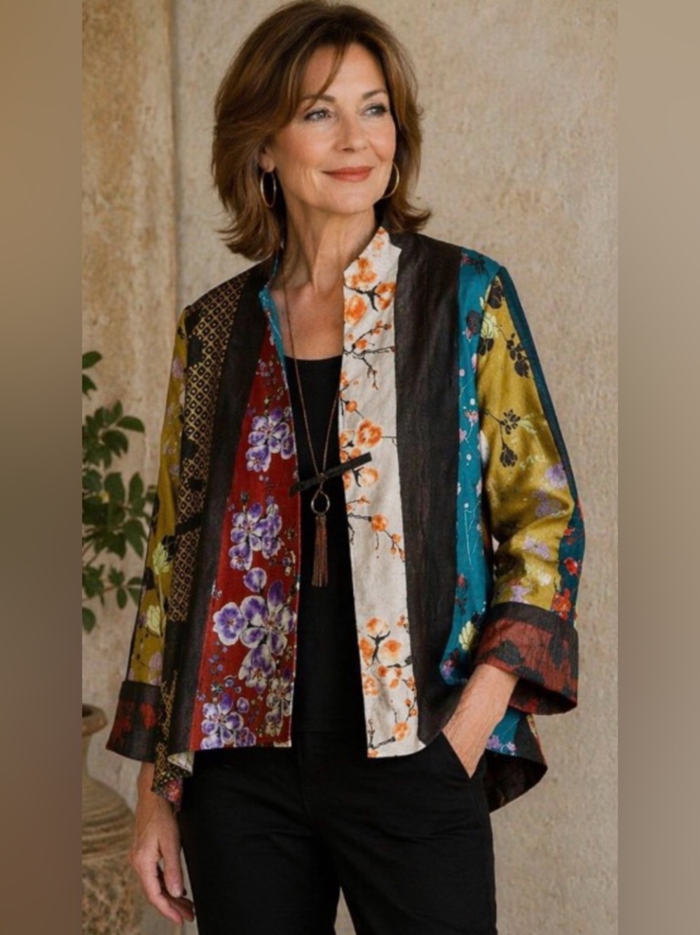 IC Collection Patchwork Jacket Sz L Boho Floral Asian Print Art Statement Piece